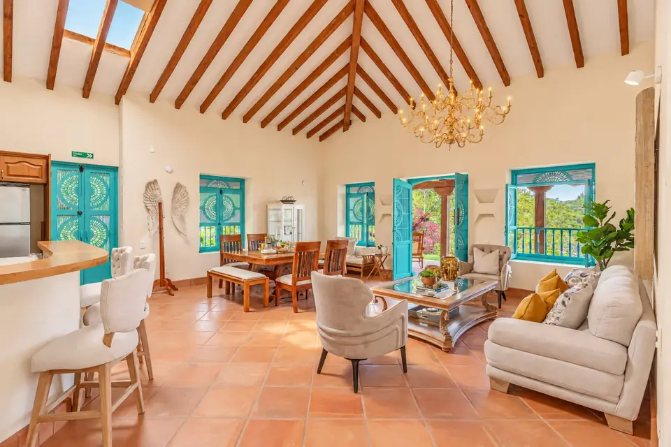 Vaulted living room open to the kitchen